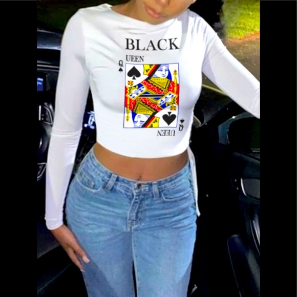 💋♠️ BLACK QUEEN ♠️ Of Spades Crop Long Sleeve Shirt - Picture 1 of 2